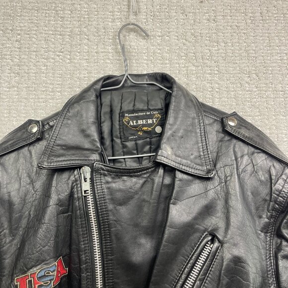 VTG Albert Montreal Leather Black Biker Jacket Coat Eagles American Flag USA REA - Picture 3 of 16